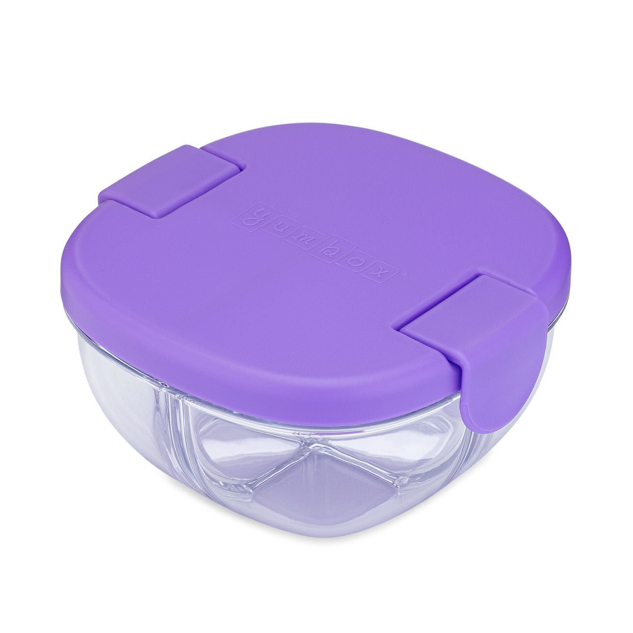 Yumbox, Snack Bowl, Haze Purple, lila Deckel, transparentes Gehäuse, 3 Fächer, Snackbox, auslaufsicher, Klickverschluss, BPA-frei, Bento-Dose, kindgerecht, kompakt, robust.