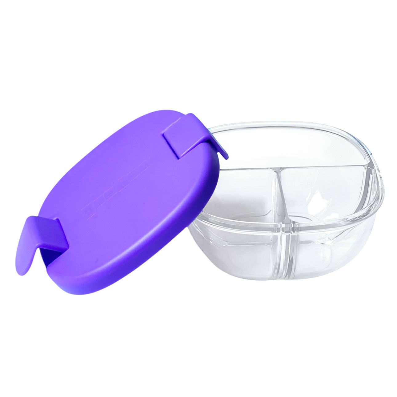Yumbox, Snack Bowl, Haze Purple, lila, geöffnet, lila Deckel, transparente Schale, 3 Fächer, unterteilt, Snackdose, auslaufsicher, kindgerecht, Silikondichtung.