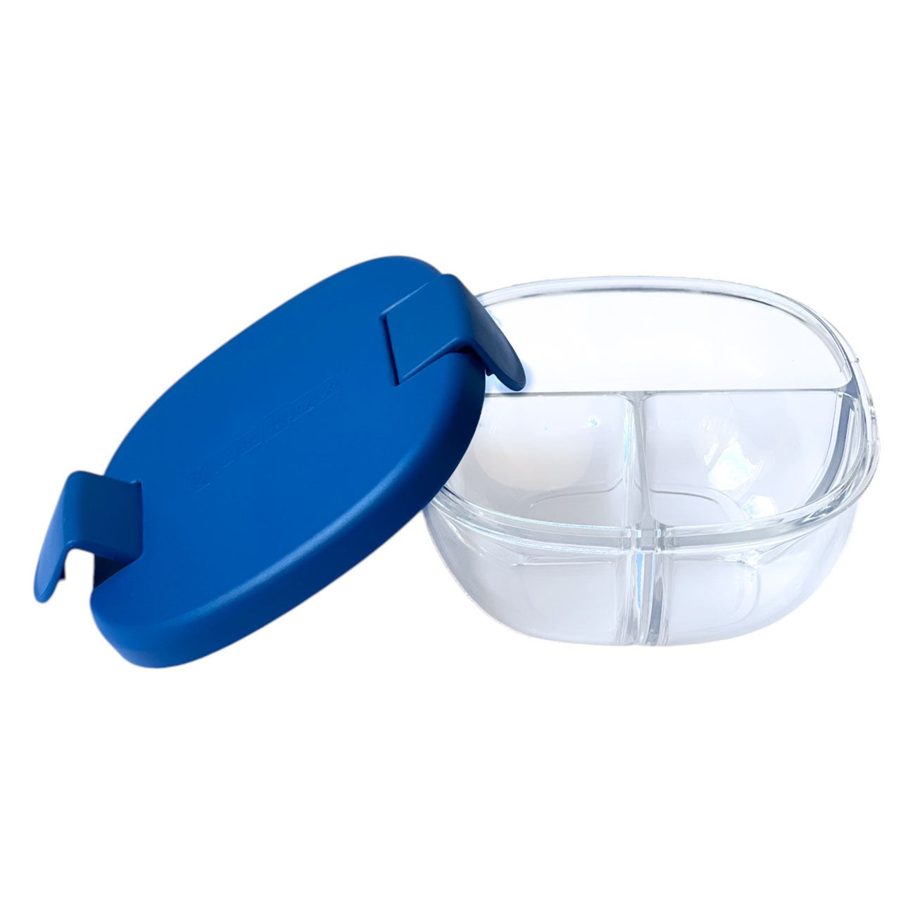 Yumbox Snack Schale, Navy-Blau, Tritan, durchsichtig, drei Fächer, auslaufgeschützt, Bento-Box, Kindersnacks, Picknick, BPA-frei, spülmaschinenfest, kompakt, robust, abgerundet, Silikondichtung, Klickverschluss, Portionierung.