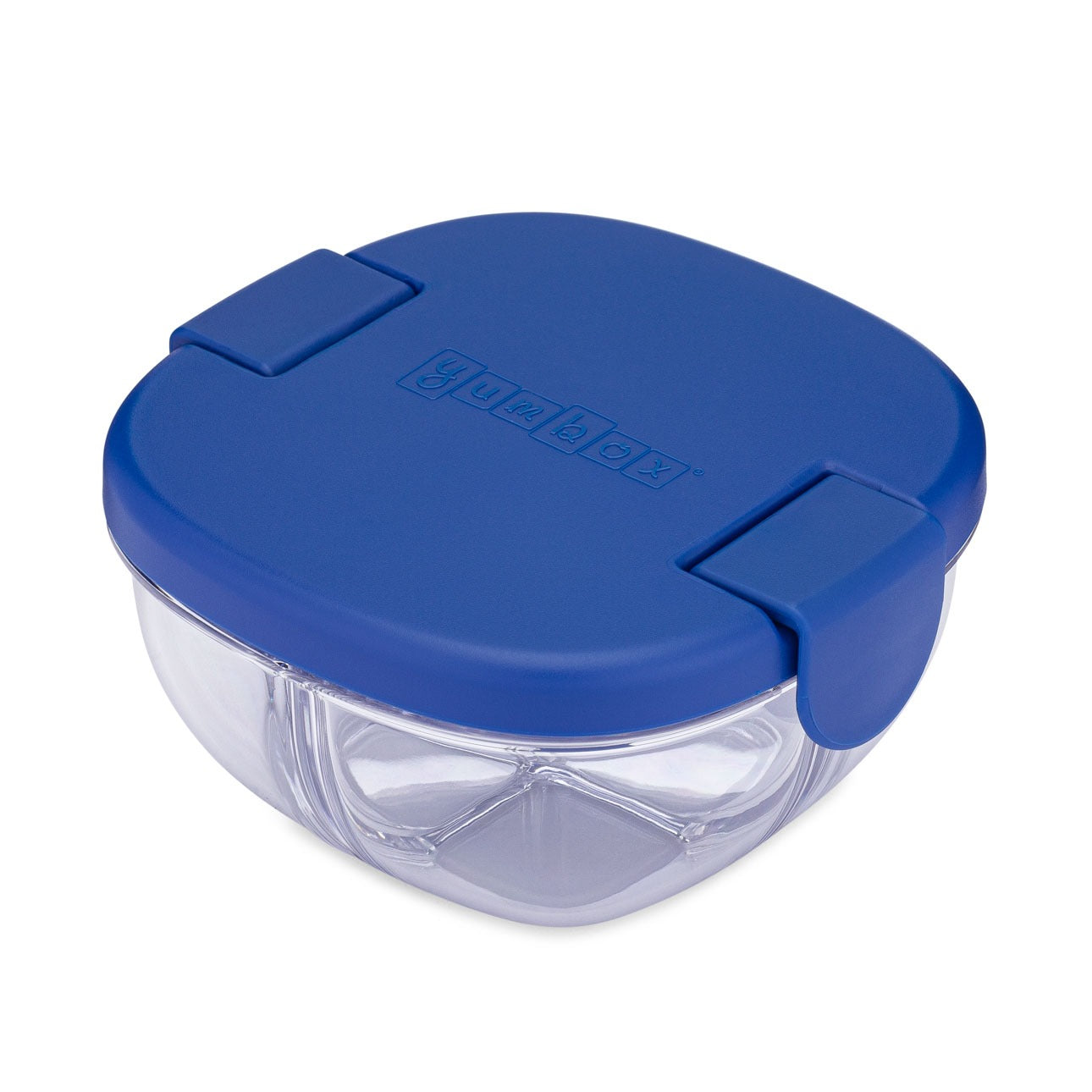 Yumbox Snack Schale, Navy-Blau, Tritan, durchsichtig, drei Fächer, auslaufgeschützt, Bento-Box, Kindersnacks, Picknick, BPA-frei, spülmaschinenfest, kompakt, robust, abgerundet, Silikondichtung, Klickverschluss, Portionierung.