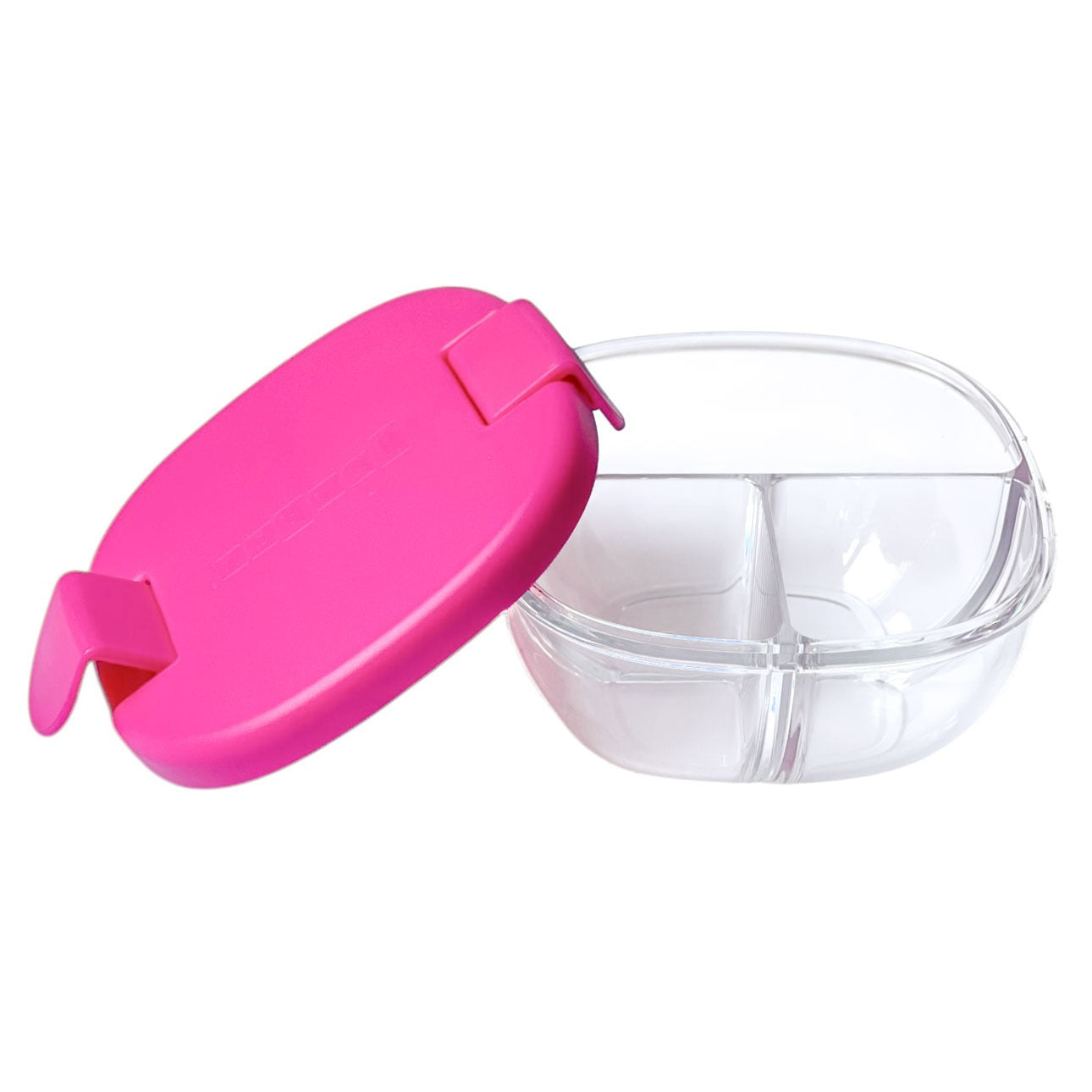 Yumbox Snack Schale, Himbeer-Pink, Tritan, durchsichtig, drei Fächer, auslaufgeschützt, Bento-Box, Kindersnacks, Picknick, BPA-frei, spülmaschinenfest, kompakt, robust, abgerundet, Silikondichtung, Klickverschluss, Portionierung.