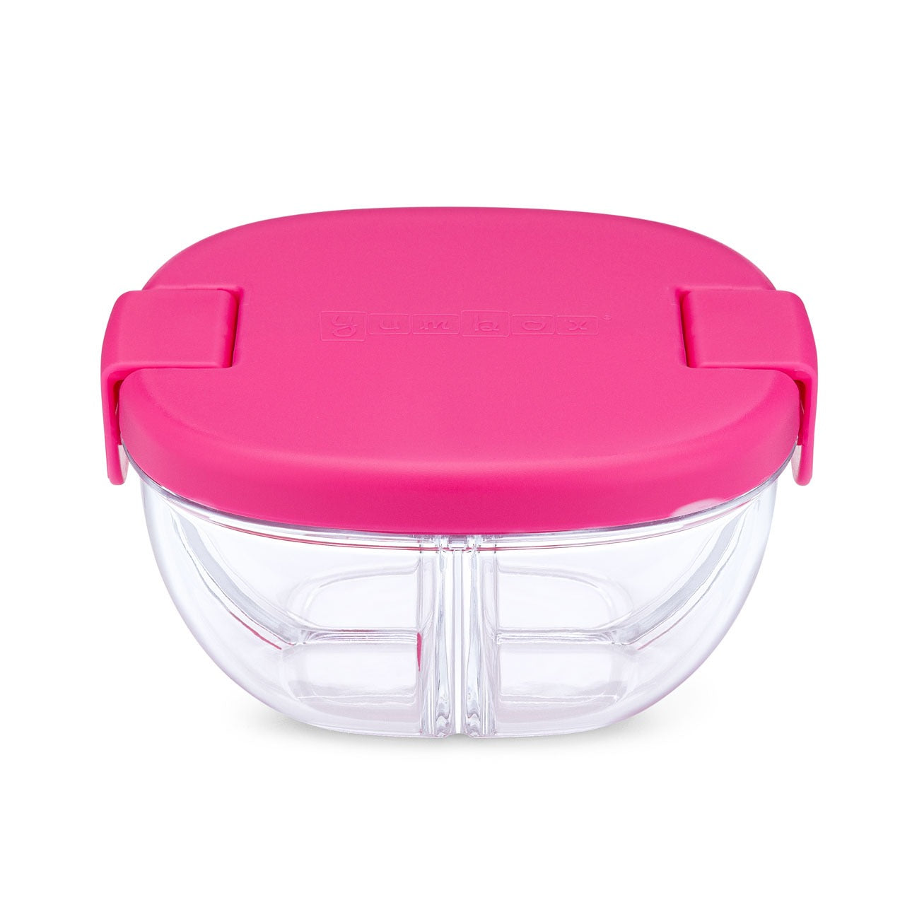Yumbox Snack Schale, Himbeer-Pink, Tritan, durchsichtig, drei Fächer, auslaufgeschützt, Bento-Box, Kindersnacks, Picknick, BPA-frei, spülmaschinenfest, kompakt, robust, abgerundet, Silikondichtung, Klickverschluss, Portionierung.