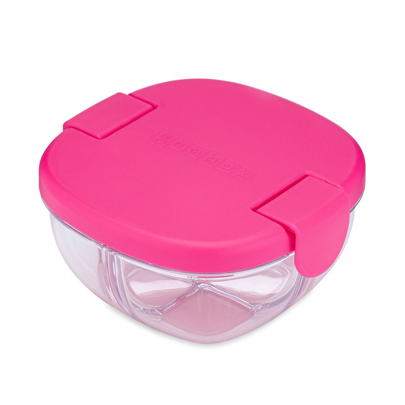 Yumbox Snack Schale, Himbeer-Pink, Tritan, durchsichtig, drei Fächer, auslaufgeschützt, Bento-Box, Kindersnacks, Picknick, BPA-frei, spülmaschinenfest, kompakt, robust, abgerundet, Silikondichtung, Klickverschluss, Portionierung.