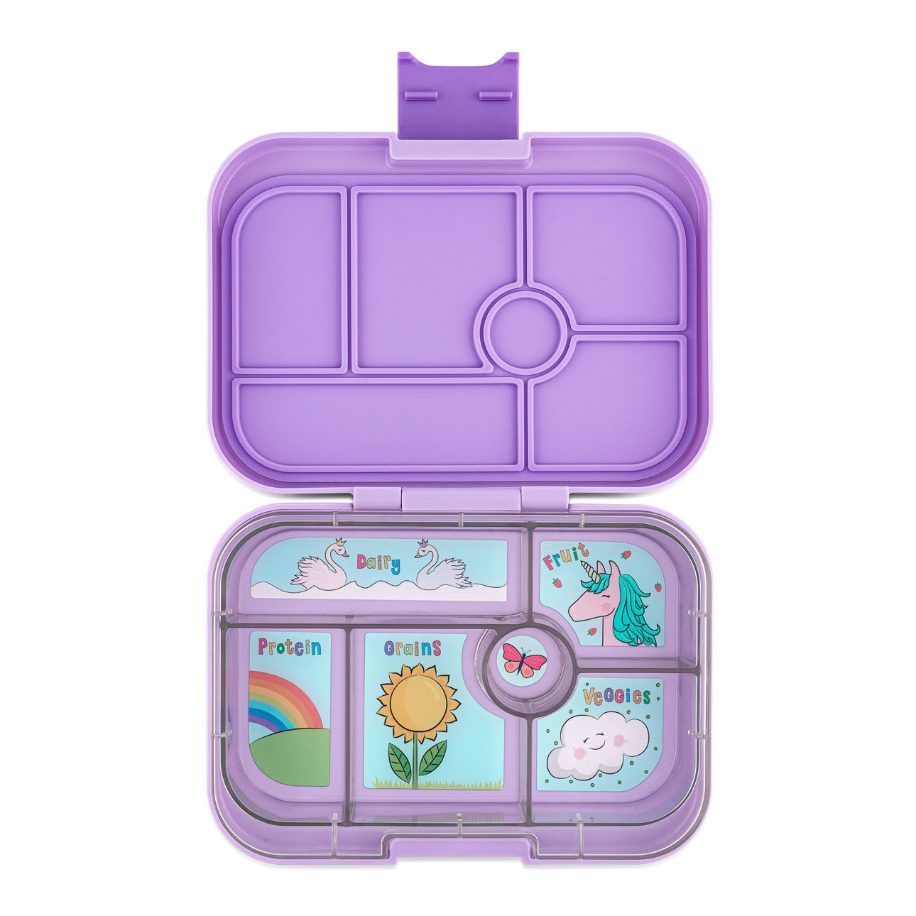 Yumbox Original Lavande Purple, geöffnete Lunchbox, Bento Box, lila, Unterteilungen, Illustrationen, Einhorn, Schwan, Regenbogen, Sonnenblume, Vesperdose, Kinder, auslaufsicher, robust.