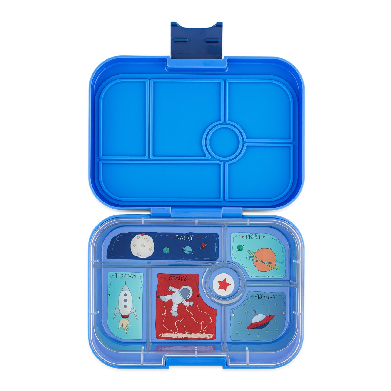 Yumbox Original Lunchbox, Surf Blue, offen, sechs Fächer, Weltraum-Illustration, Rakete, Astronaut, auslaufgeschützt, Bento-Box, Schule, BPA-frei, robust, Silikondichtung, Klickverschluss.