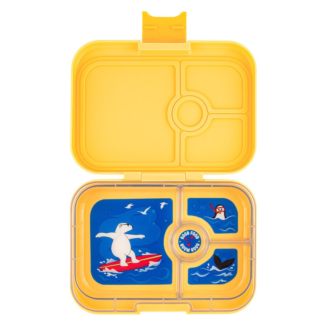 Yumbox Panino Lunchbox, Yoyo Yellow, Gelb, vier Fächer, Illustration Eisbär, Pinguin, Wal, auslaufgeschützt, Bento-Box, Schule, Kindergarten, BPA-frei, robust, Silikondichtung, Klickverschluss.