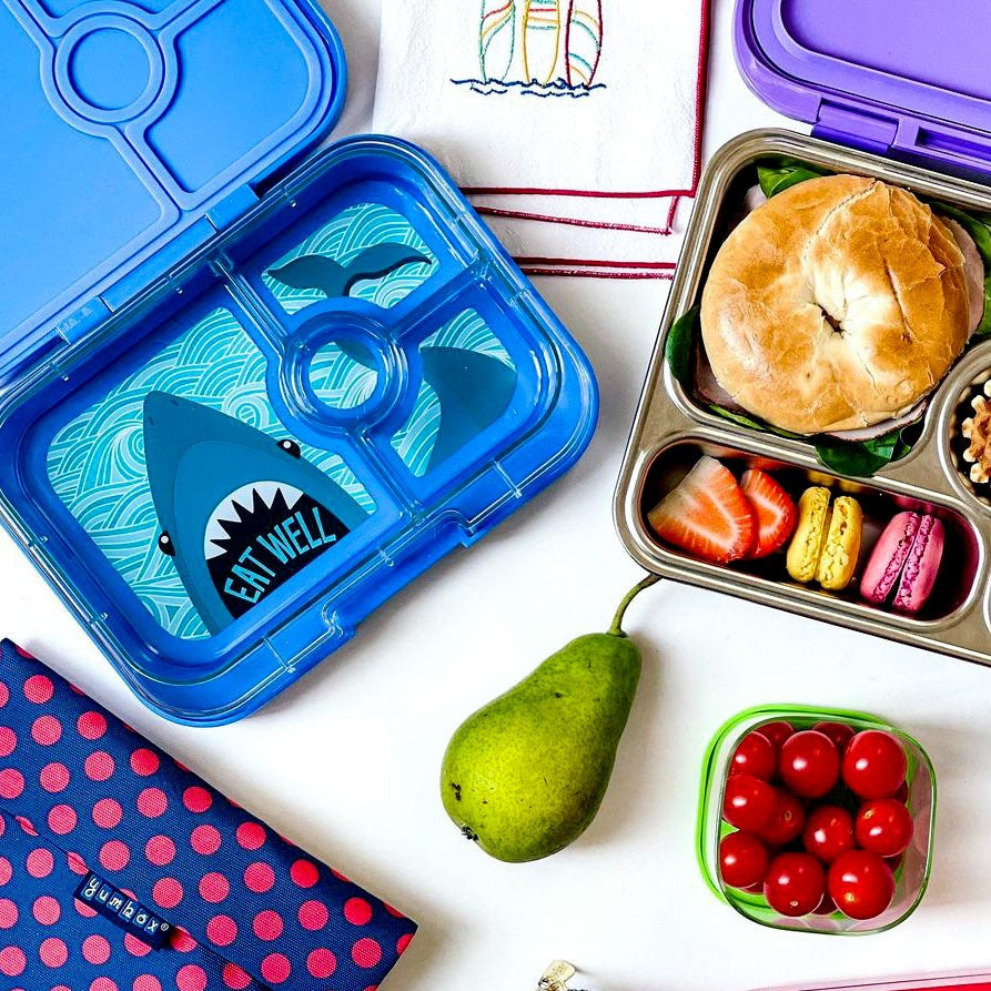 Yumbox Panino Lunchbox, Surf Blue, offen, Hai-Motiv, vier Fächer, daneben Edelstahl-Dose mit Bagel, Erdbeeren, Macarons, Birne, Tomaten, gesundes Frühstück, Schule.