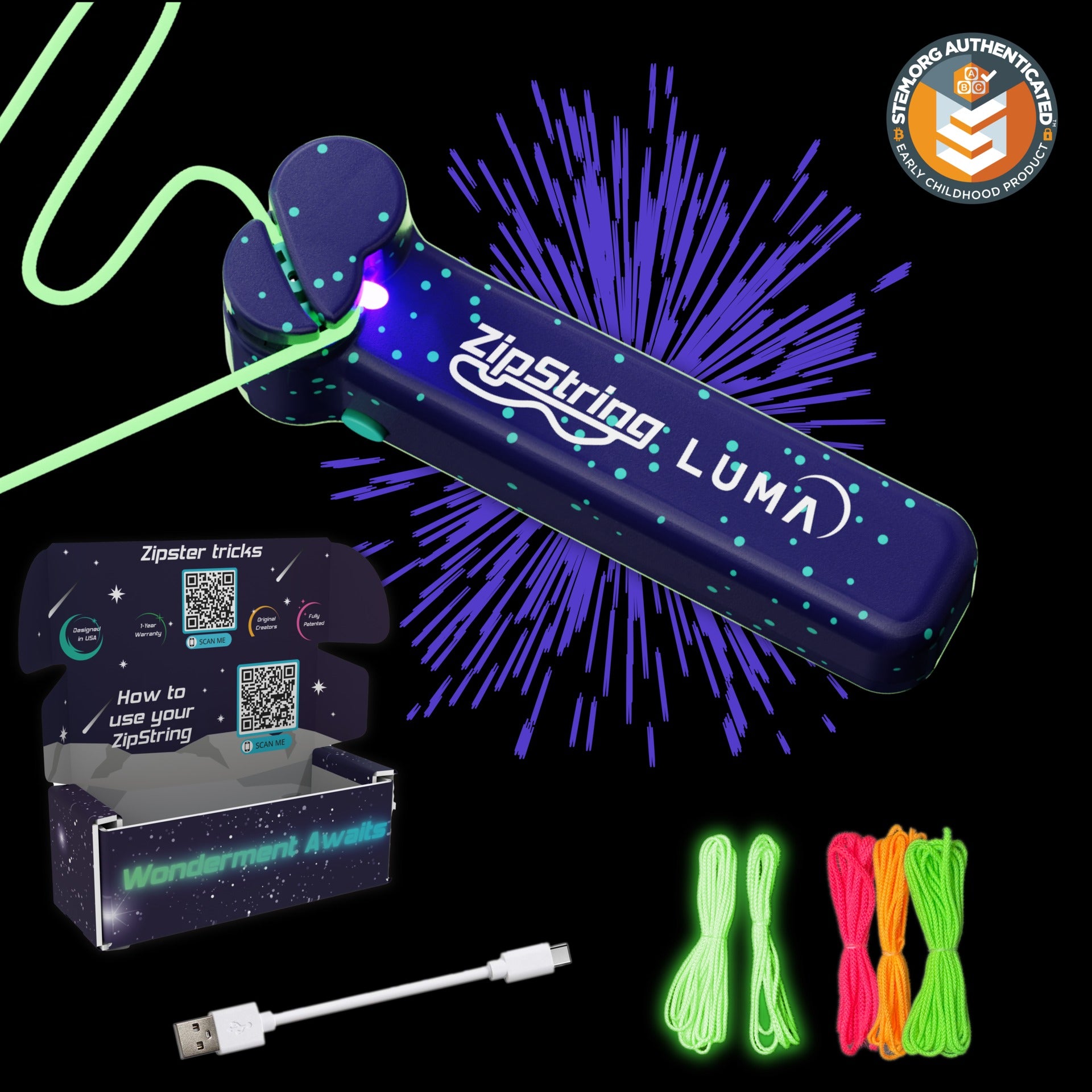 ZipString Luma Glow in the Dark leuchtend, wiederaufladbar, USB-C, Spezialschnur, kompakt, langlebig, sicher, tragbar, hochwertig, innovativ, vielseitig, robust, modern, präzise.