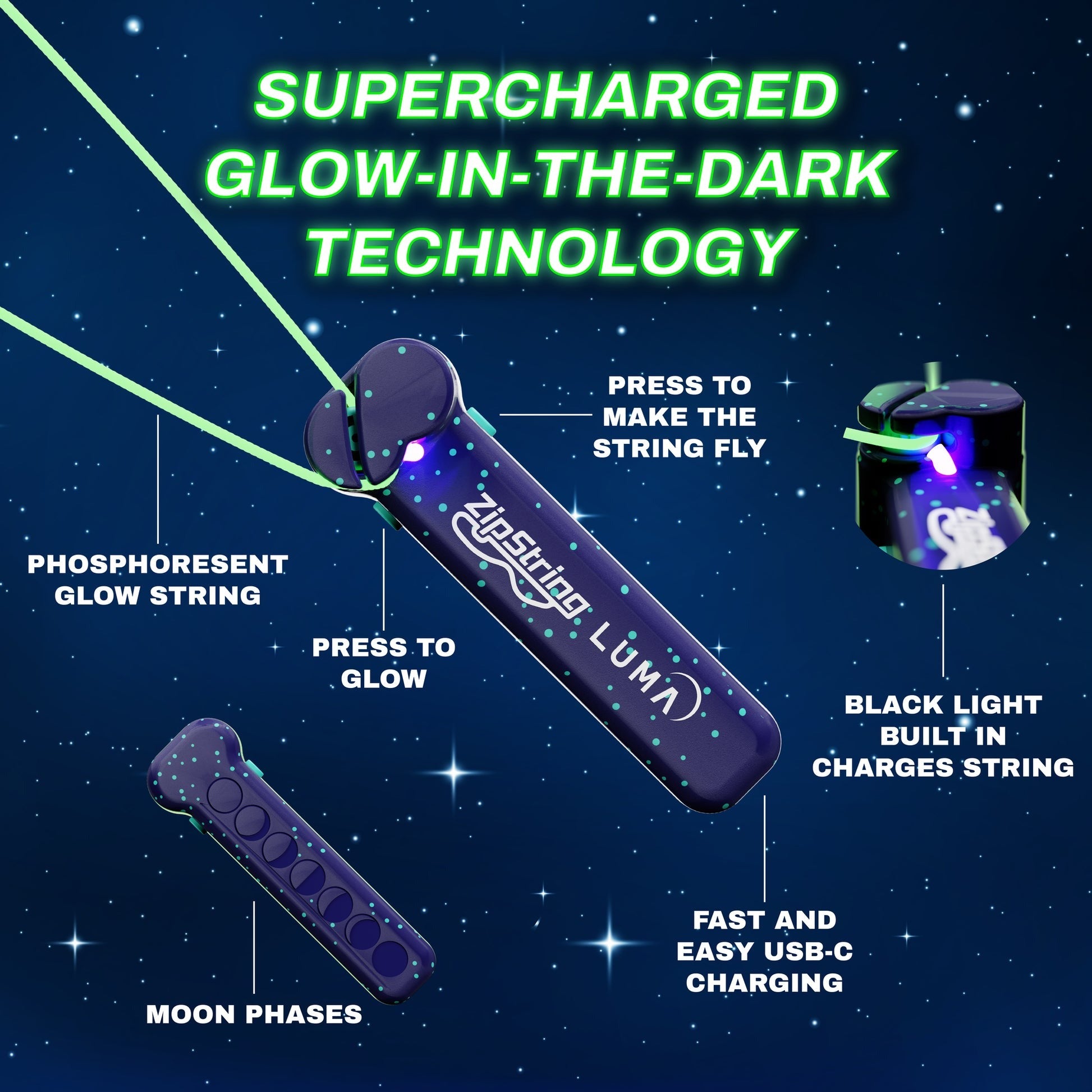 ZipString Luma Glow in the Dark leuchtend, phosphoreszierend, USB-C, wiederaufladbar, Spezialschnur, kompakt, langlebig, sicher, tragbar, hochwertig, innovativ, robust, vielseitig, modern.
