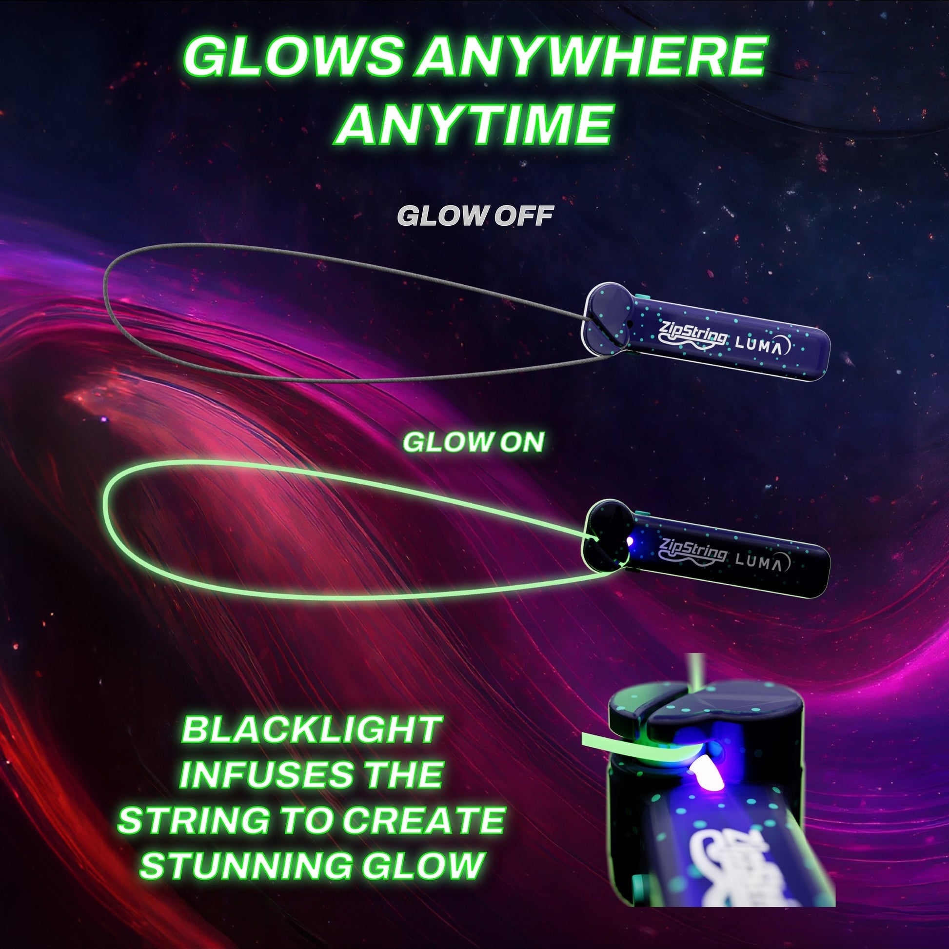 ZipString Luma nachleuchtendes Springseil LED-Griff leuchtende Schnur tragbar langlebig kompakt Fitness Training Outdoor Nacht Schwarzlicht Effekt grün modern leicht robust