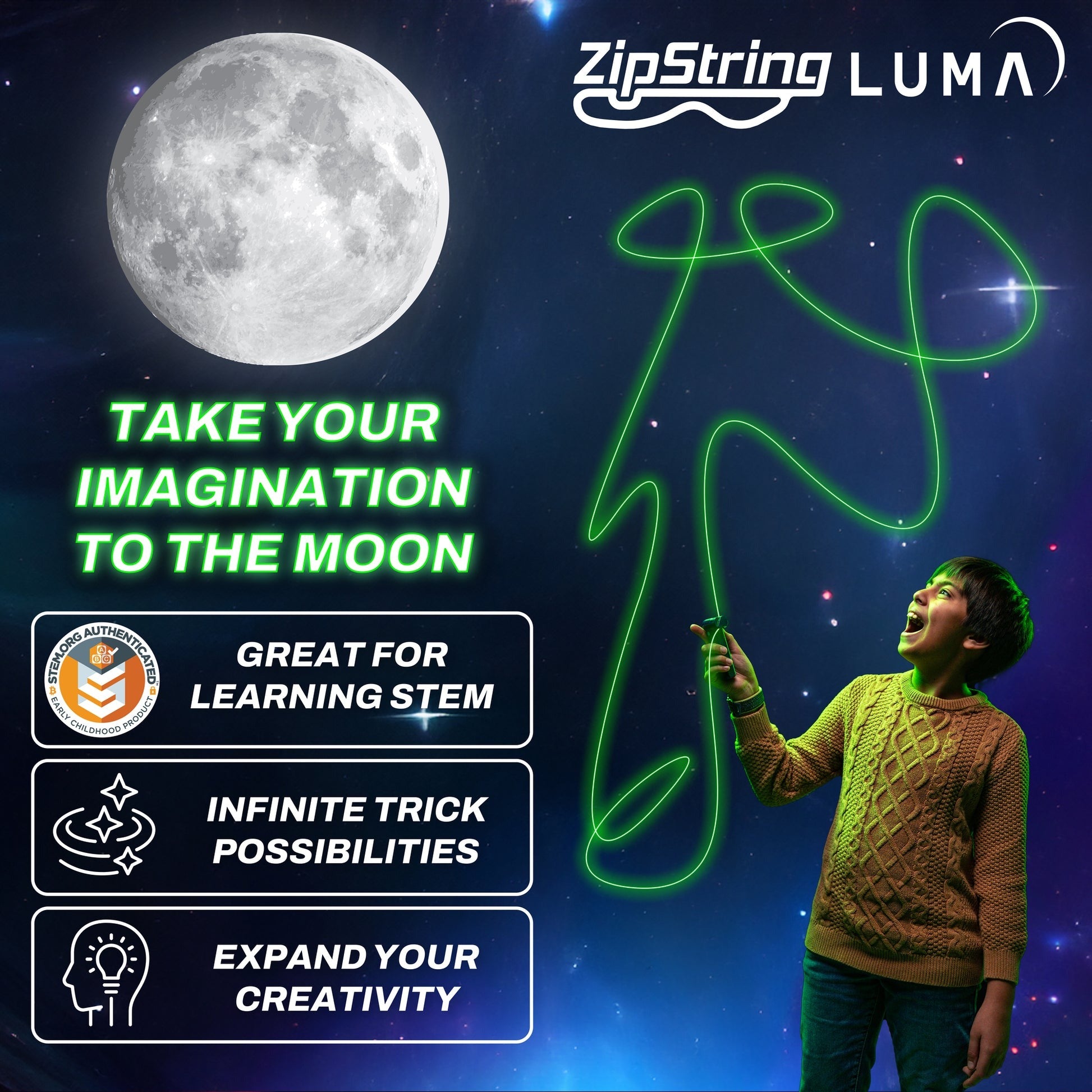 ZipString Luma nachleuchtendes Springseil leuchtende Schnur LED-Griff Schwarzlichtaktivierung grün langlebig tragbar kompakt innovativ robust Freizeitspiel Geschicklichkeitsspiel Training Outdoor Nachtspaß Kreativität