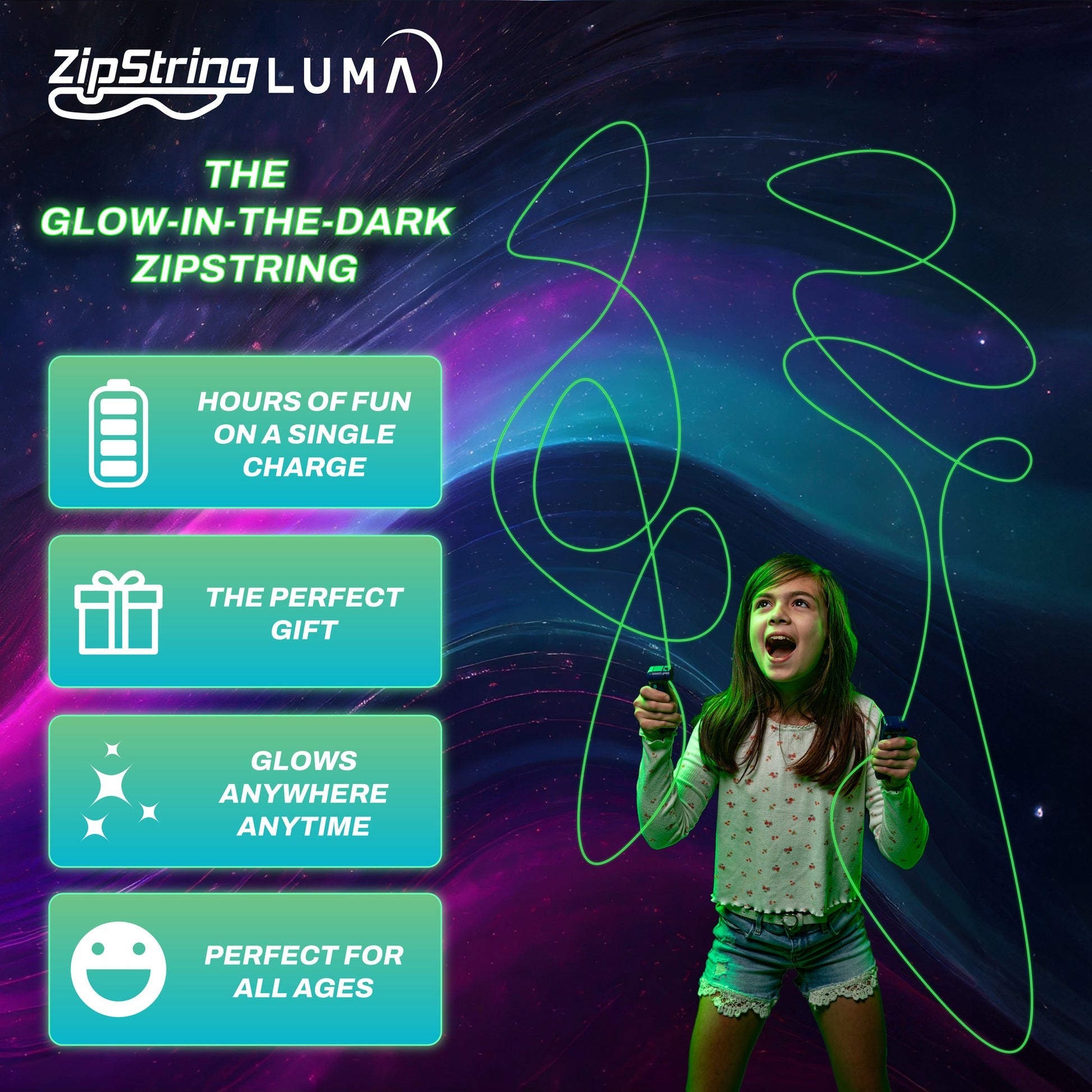 ZipString Luma nachleuchtendes Springseil leuchtende Schnur LED-Griff Schwarzlichtaktivierung wiederaufladbar langlebig tragbar kompakt robust grün Glow Dunkelheit Freizeit Geschicklichkeit Training Outdoor