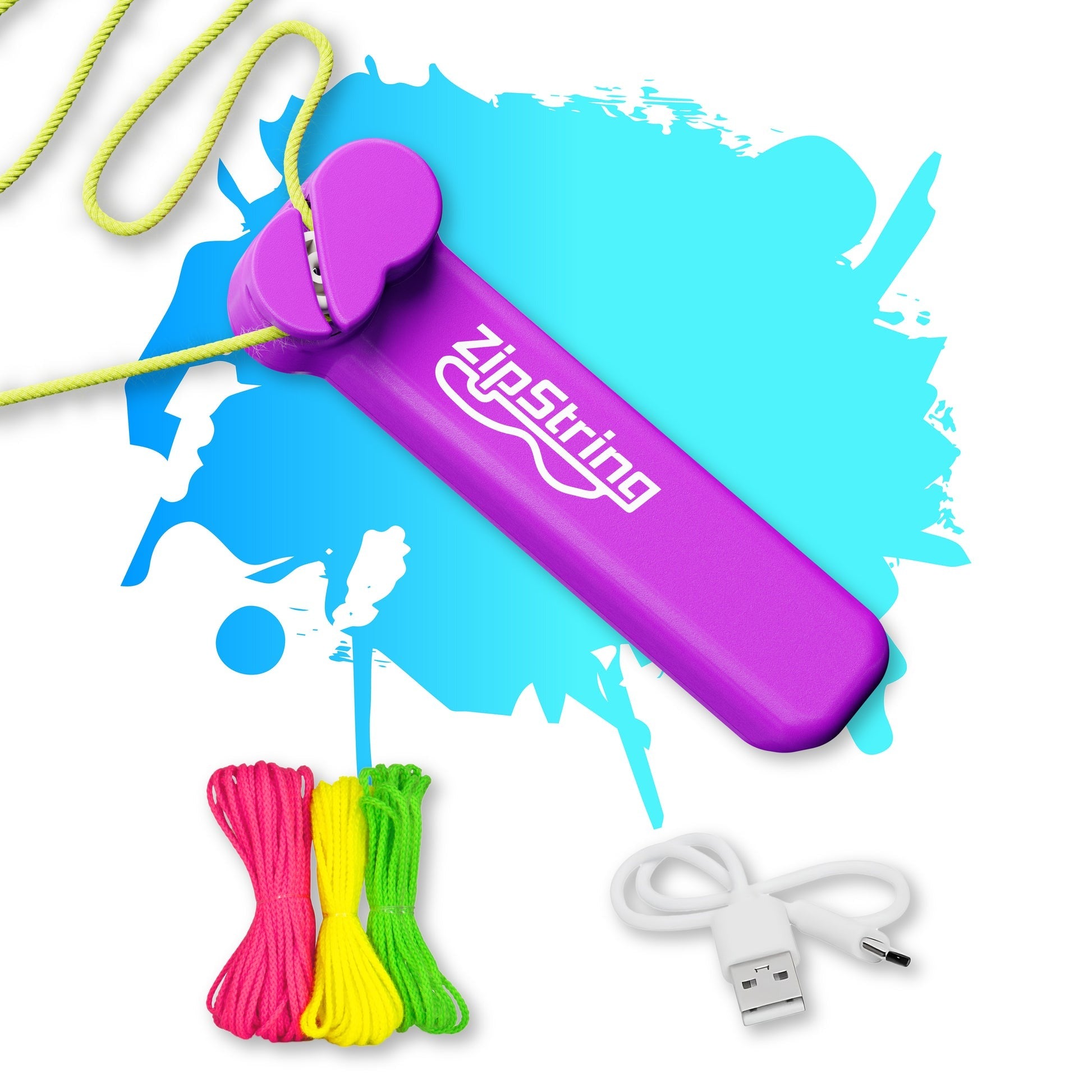ZipString, das originale Vivacious Violet Spielzeug, lila Handgerät, drei bunte Ersatzschnüre, USB-Ladekabel, innovatives Gadget für Kinder, interaktiver Spielspaß, neuartig.