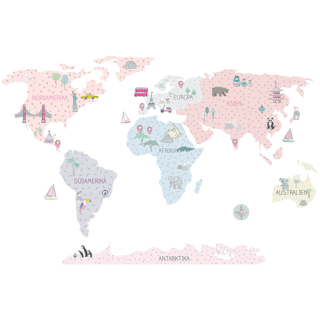 naklejka-mapa-rozowa-de-06 PASTELOWELOVE - Wandsticker Weltkarte pink (deutsche Sprache)