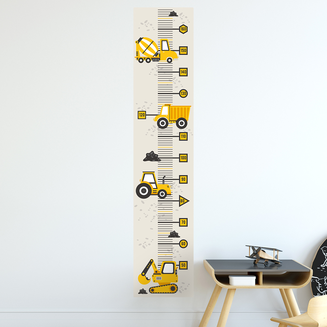 miarka-pojazdy-budowlane-zolte-01 PASTELOWELOVE - Wandsticker Messlatte "Construction Vehicles" yellow