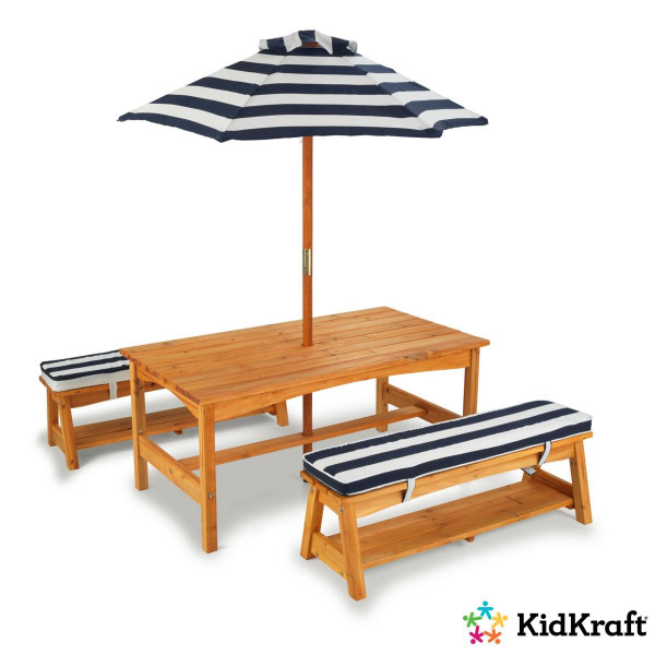Kidkraft - Gartentisch und Bänke mit Sitzkissen und Sonnenschirm
