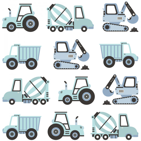 PASTELOWELOVE - Wandsticker "Construction Vehicles" blue